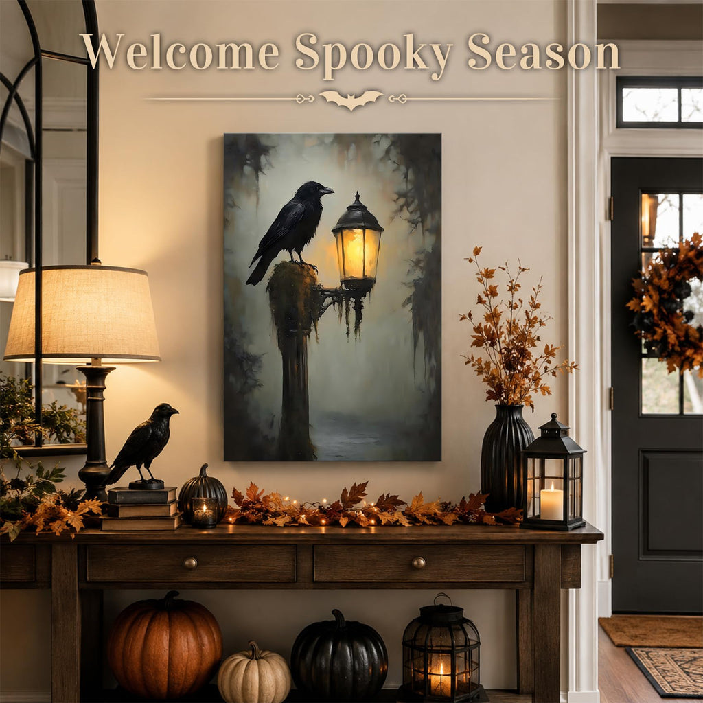 Framed Halloween Raven Canvas Wall Art Gothic Bird with Lantern Artwork, Vintage Dark Canvas Prints Wall Decor