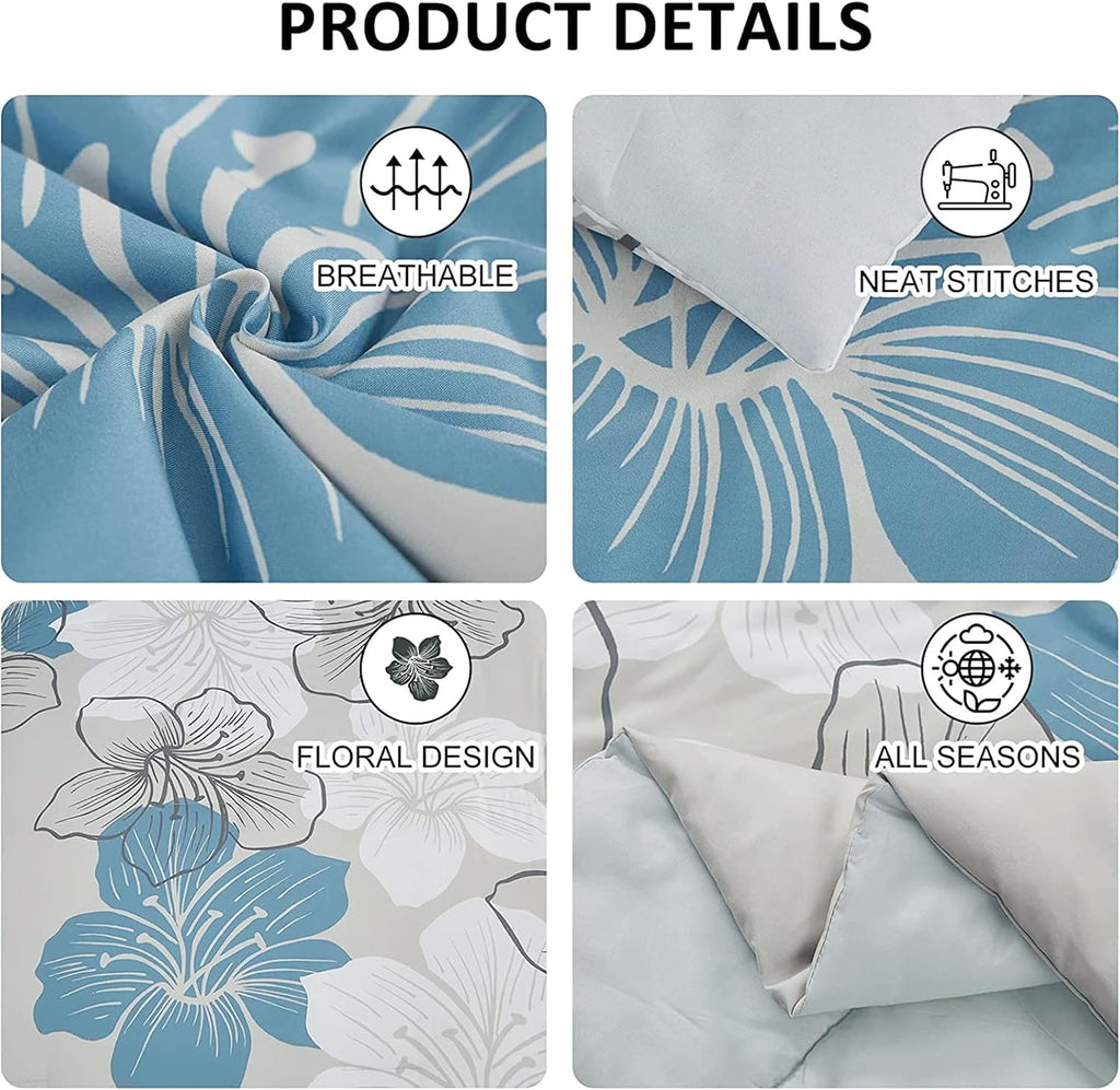 Floral Comforter Set Queen, Blue Floral Comforter and Sheet Set, 7 Pieces Bed in a Bag Soft Microfiber Complete - Set of 7