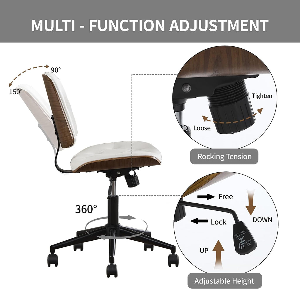 Small Home - Armless Mid Back Desk Chair with 360° Swivel and Wheels, PU Upholstered Height Adjustable Modern Walnut