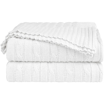 100% Cotton Throw Blanket, Cable Knitted White 50x60