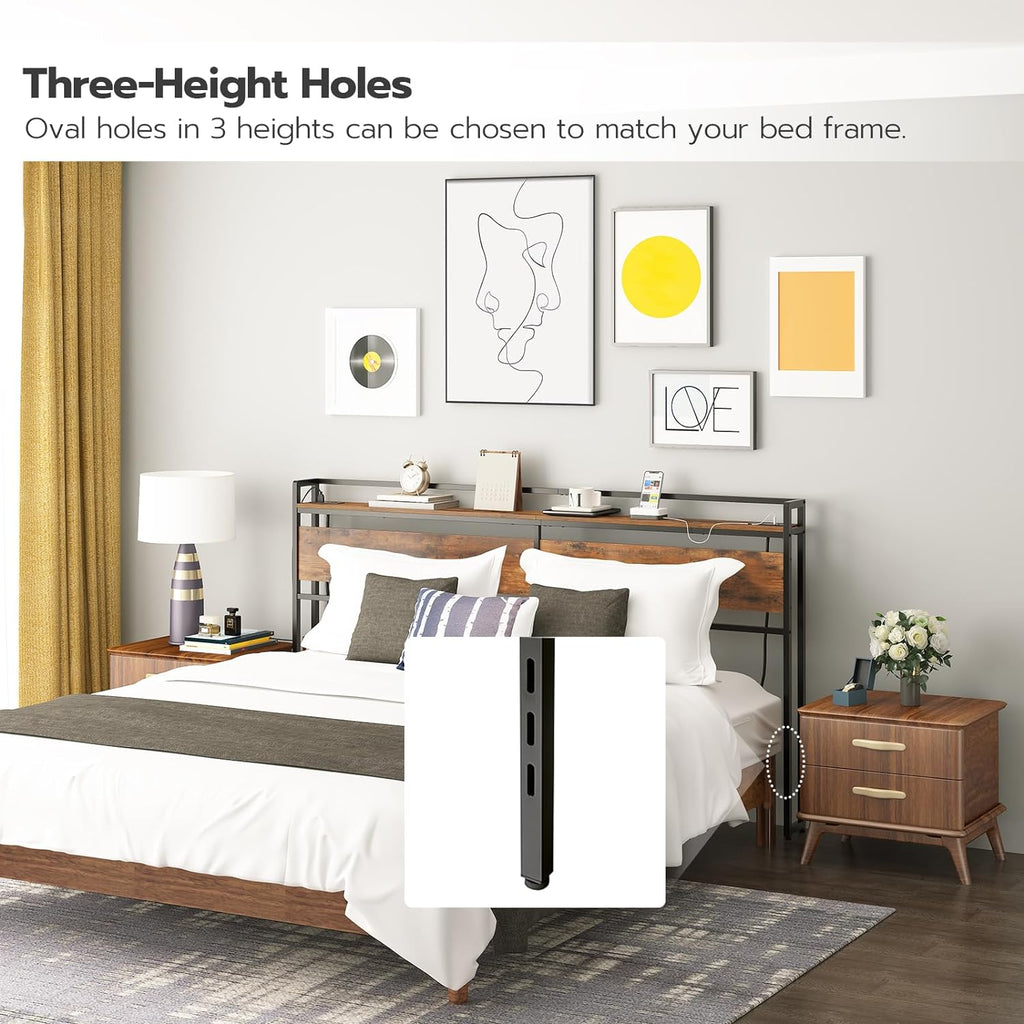 King Headboard, Headboard with 2 Outlets and 4 USB Ports, Adjustable Height, Storage Rack, Sturdy and Stable