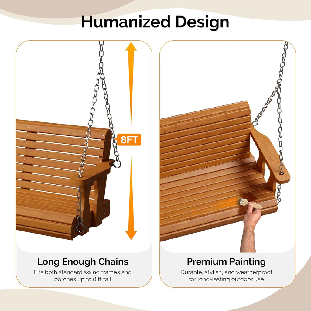 2026 Upgraded 5 FT Wooden Porch Swing, 880 LBS Heavy Duty, Brown | 2026 Upgraded Design; Heavy-Duty Wooden Swing;