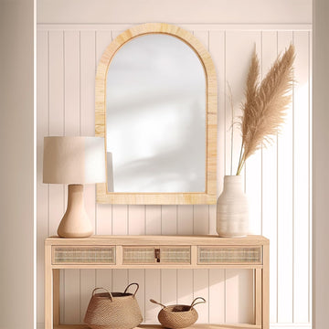 Rattan Mirror, Arch Boho Bathroom Mirror for Wall, 20x30 Wicker Vanity Mirror Décor, Coastal Farmhouse Wood Mirror