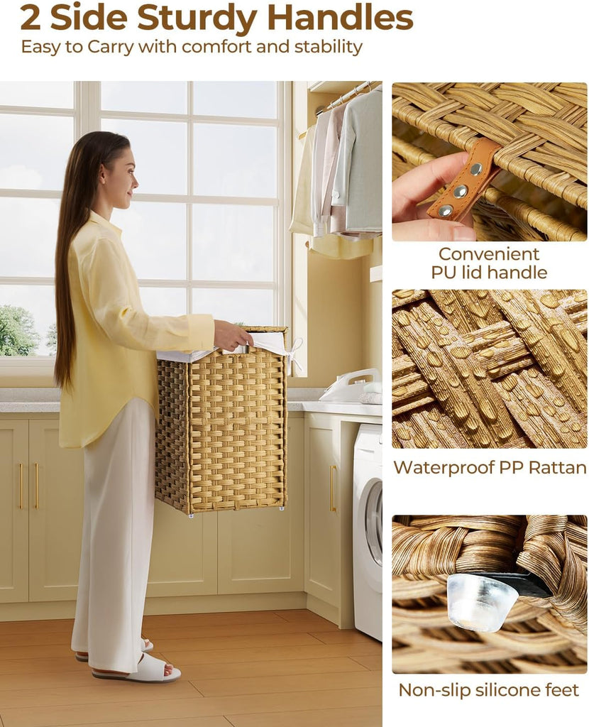 Laundry Hamper with Lid, 60L Clothes Hamper with 2 Removable Liner Bags & 2 Mesh Laundry Bags, Handwoven Synthetic