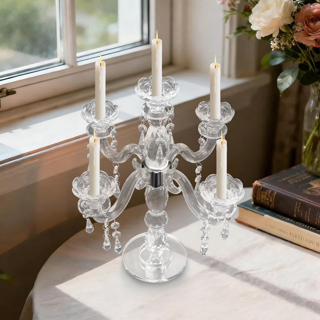 Modern Crystal Candle Holder Candelabra, 5 Arm 14 Inch Tall Clear Taper Candlestick Holders Vintage Wedding