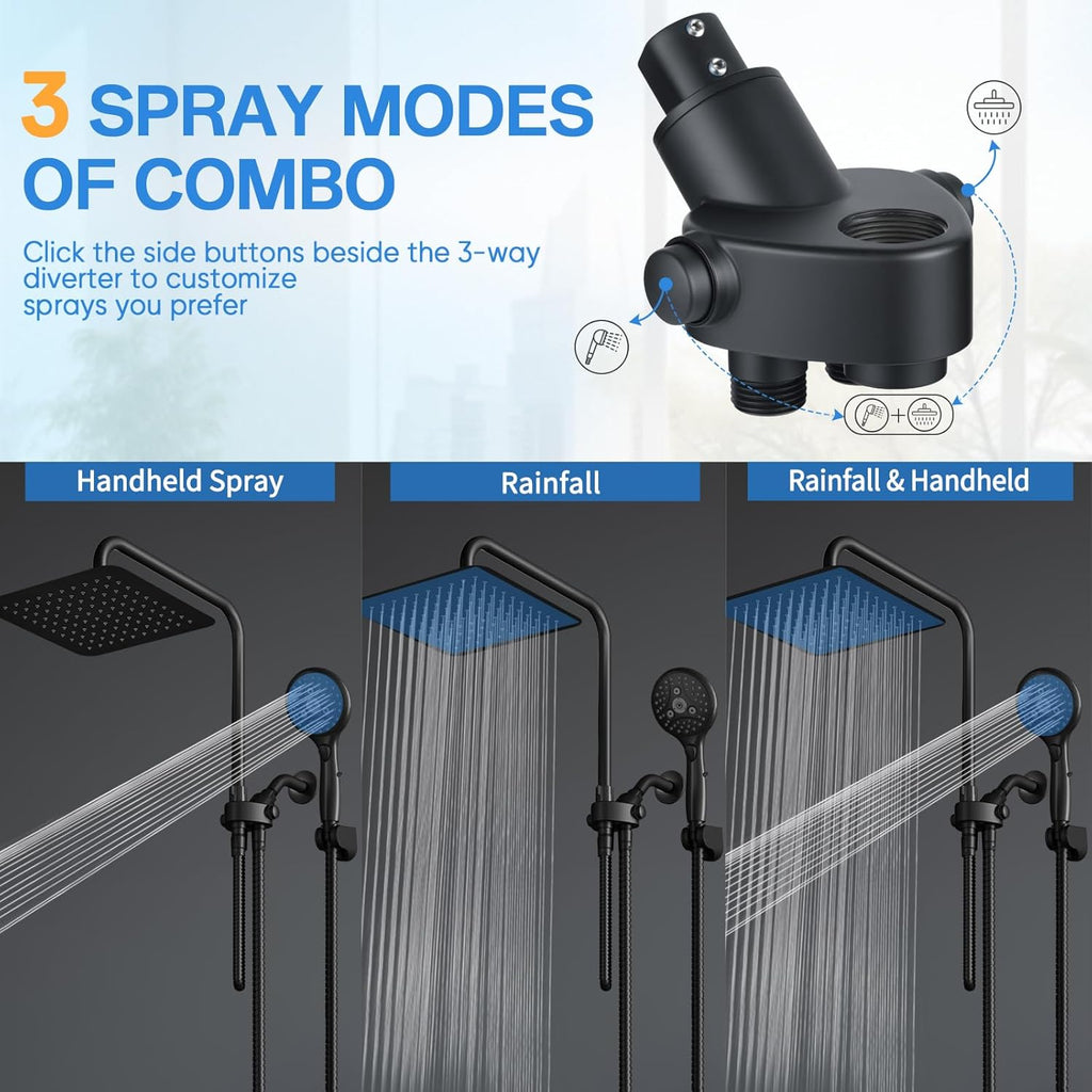 High Pressure Rainfall Shower Head with Handheld Combo: Upgrade Dual Shower Head with 10 Inch Fixed Rain Showerhead