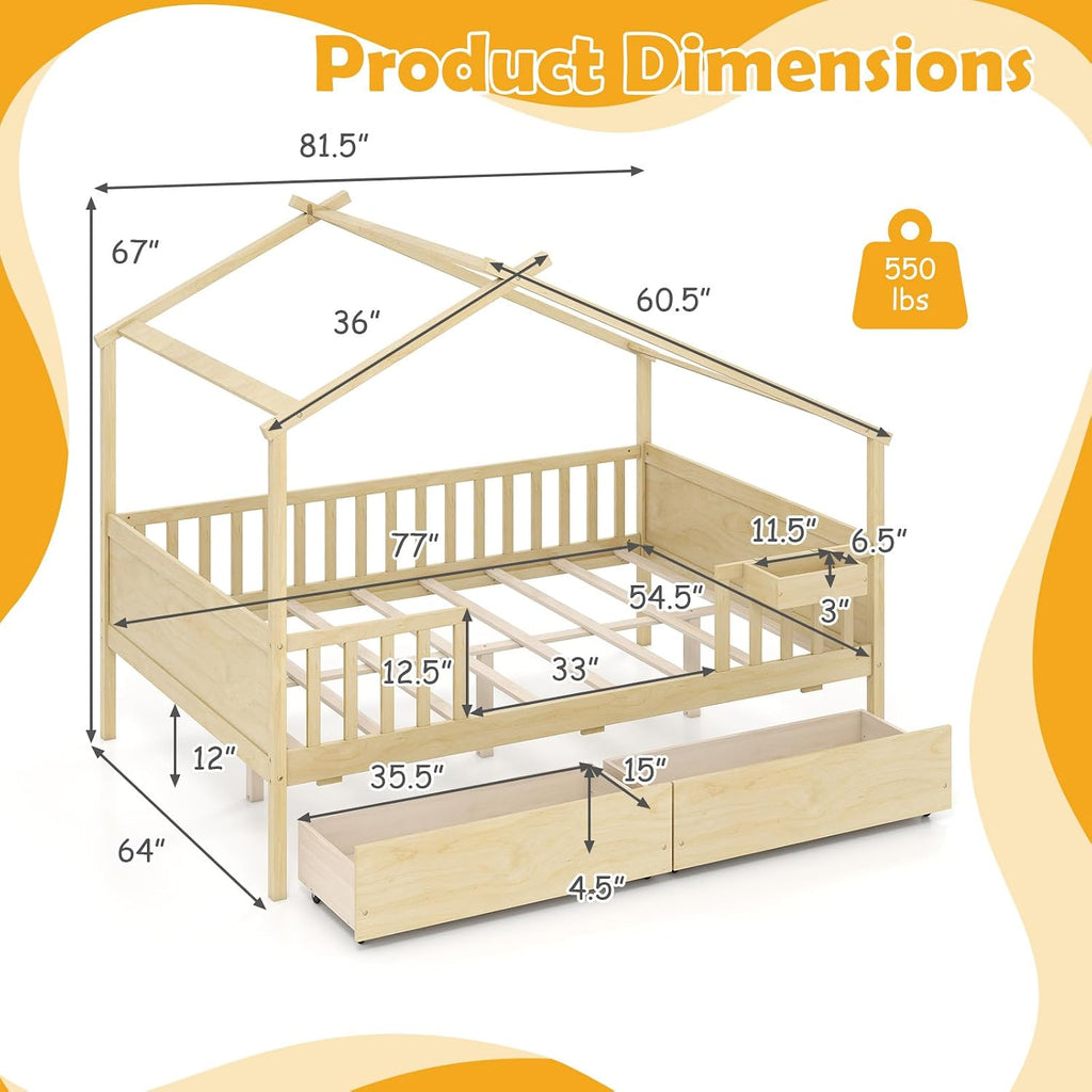 Full House Bed with Drawers, Wooden Full Size Bed Frame with Cube Storage & Fence Rails, Montessori Beds for Kids