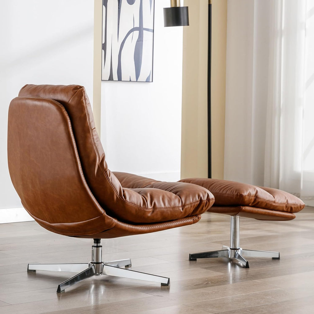 Modern Reading Chair and Ottoman — Brown PU Leather