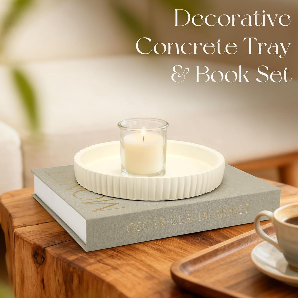 Decorative Concrete Tray & Book Set - Modern Scalloped Home Decor Tray & Linen Storage Box for Coffee Table