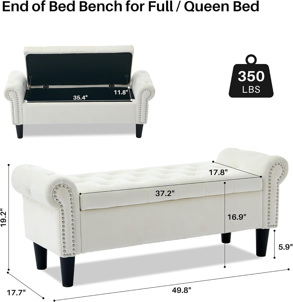 50" Storage Bench , Velvet Upholstered, Beige | End of Bedroom Bed Bench Ottoman with Tufted Cushioned Rolled Arm