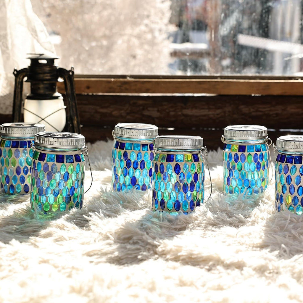 6 Pack Mosaic Solar Lanterns Outdoor Waterproof Handmade Patch Jar