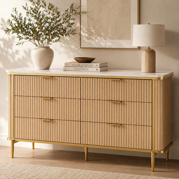 55.1" W 6 Drawer Dresser , Modern Fluted Wood Dresser with Marble-Look Top and Gold Accents, Double Chest of Drawers