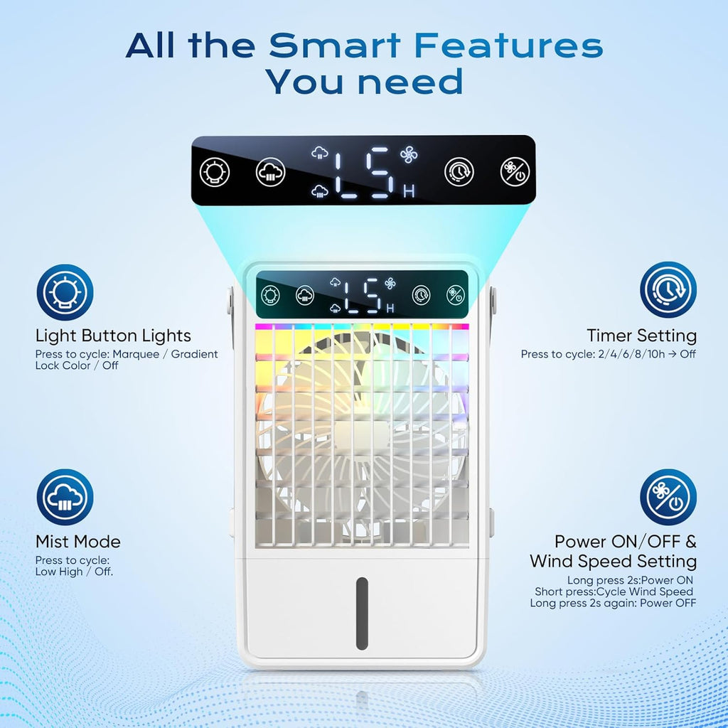 Portable Air Conditioners with 1500ML Tank, 5 Speeds Mini Evaporative Air Cooler with Remote & 2-10H Timer
