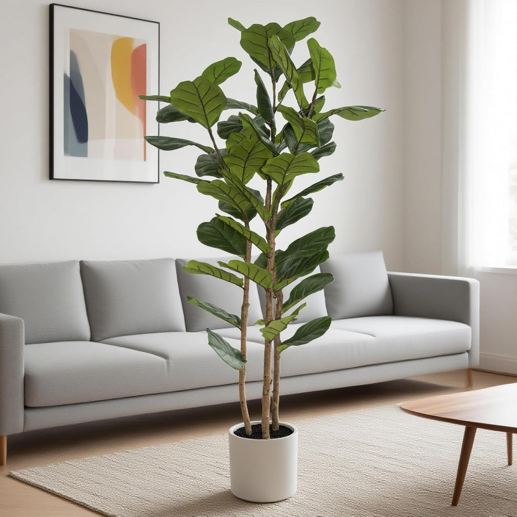 Artificial Fiddle Leaf Fig Tree 6FT with White Tall Planter-Large Faux Tree Tall Fake Floor Plant in Pot,Artificial
