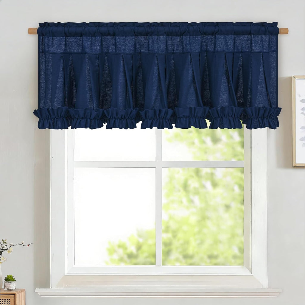 Navy Blue linen ruffle valance for windows - Casa Home Living