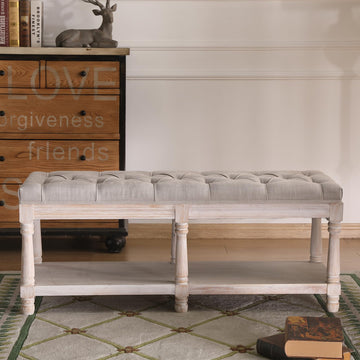 Farmhouse Storage Bench Wooden Entryway Upholstered Tufted Ottoman Bench End of Bed Hallway Organizer, Beige