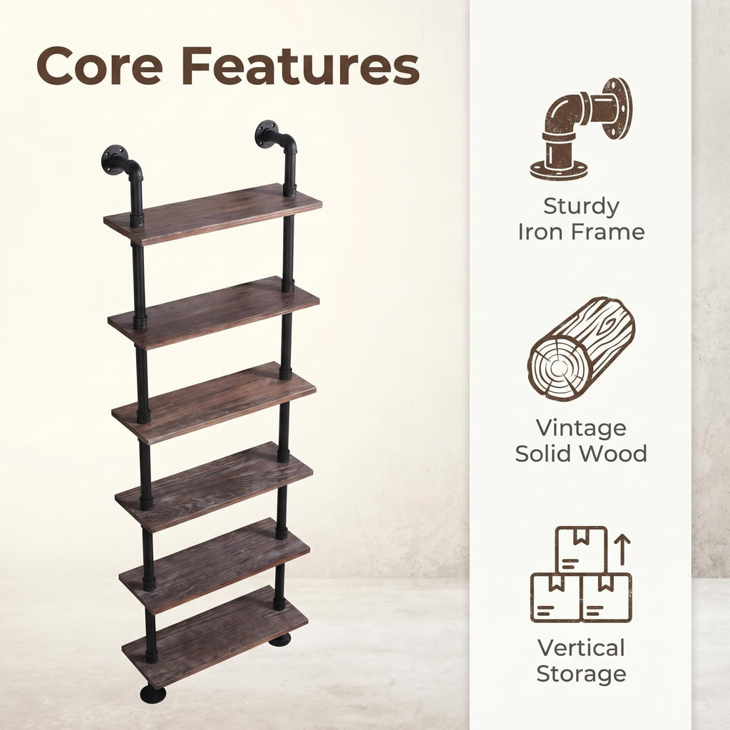 Industrial Pipe Shelves Rustic Modern 24"W Wood Ladder Bookcase with Metal Frame, Pipe Wall Shelf, Wood Storage, Home