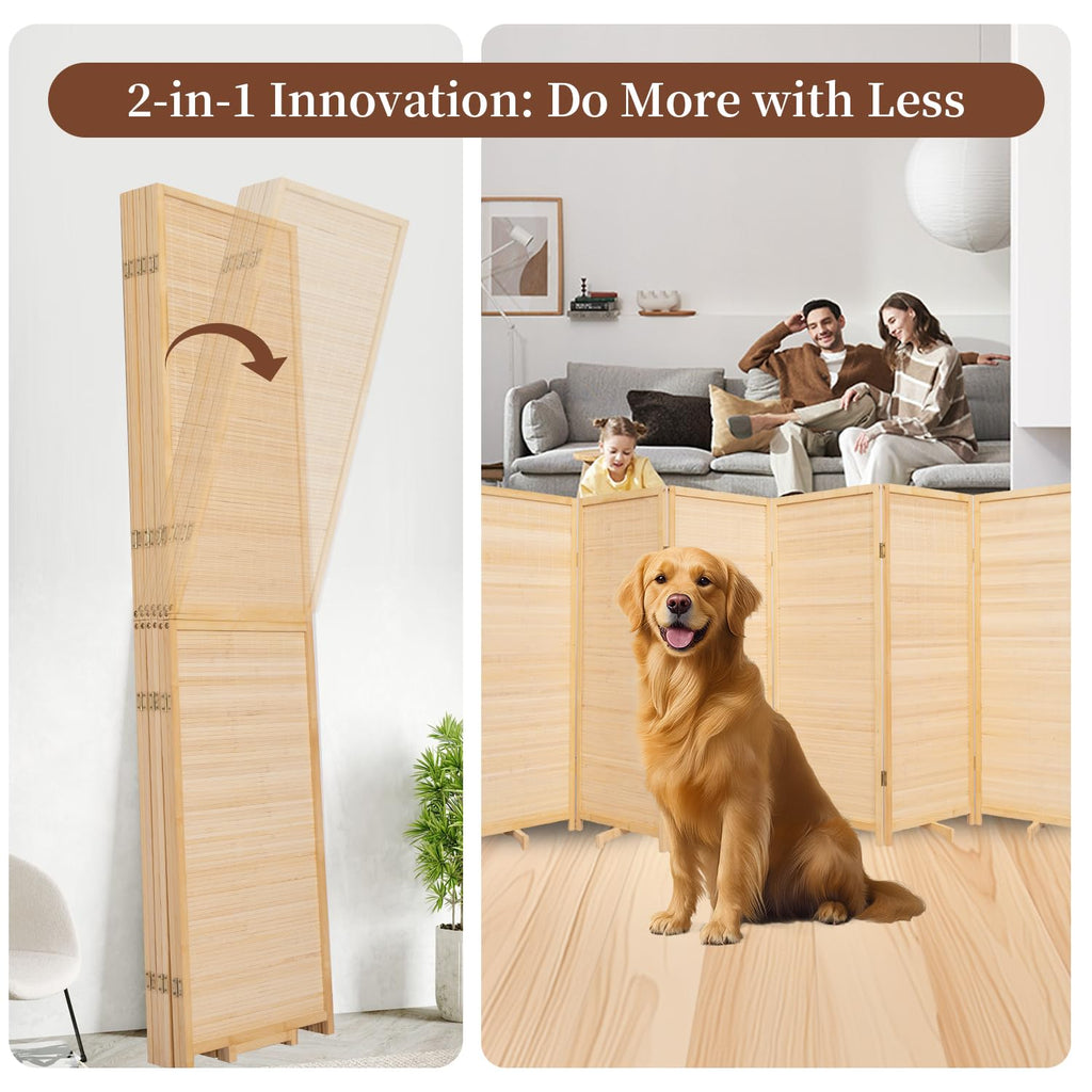 Bamboo Room Divider 6 Panel Wall Divider, Folding Screen W/Extra Stable Base