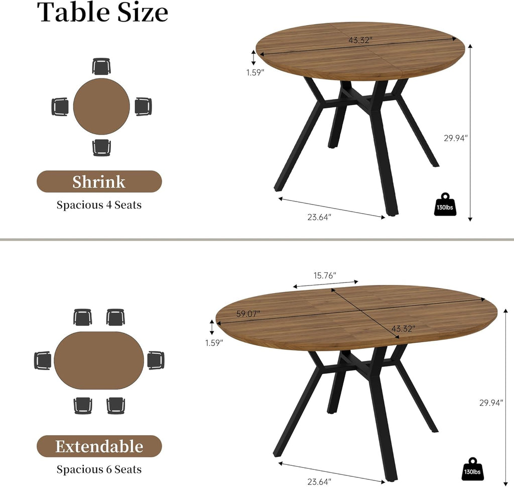 43.2"-59.1" Extendable Round Dining Table for 4-6 People, Modern Kitchen Oval Dining Table with Flexible Leaves Space
