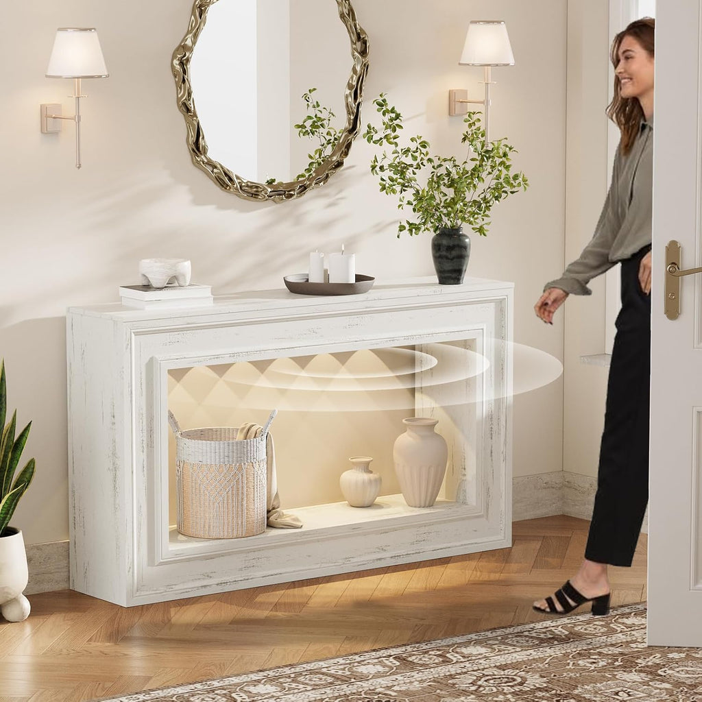 55" Long Console Tables with LED Lights, Narrow Console Tables , 2-Tier Table Behind The Sofa, Modern Hallway Accent
