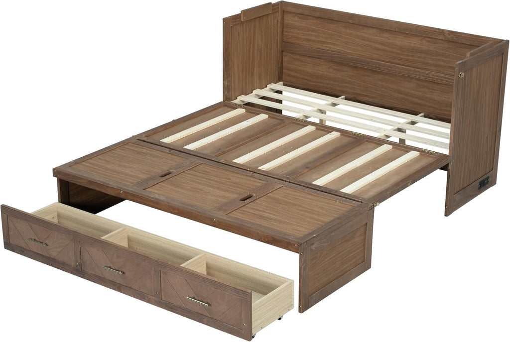 Queen Murphy Bed with Charging Station and Storage, Farmhouse Murphy Bed with Foldable Panel for Guest Bedroom