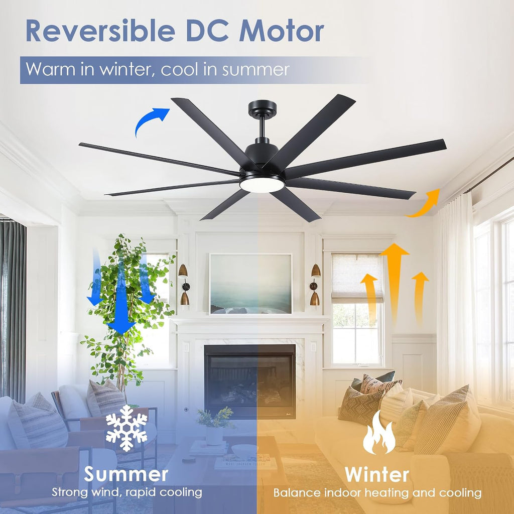 72" Black Ceiling Fan with Lights and Remote Control - Large Industrial Ceiling Fan with 8 ABS Blades, Dimming, DC Motor Reversible, Indoor/Outdoor Modern Ceiling Fan for Living Room, Black