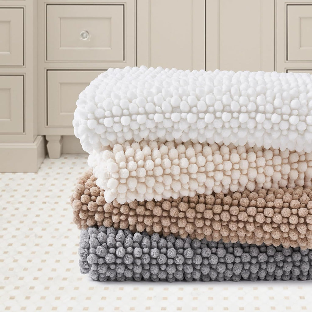 Chenille Bath Rugs Set 2 Pieces, Cream White, 17''x24''+20''x32'' | Non-Slip Bathroom Mats Set, Absorbent Fiber