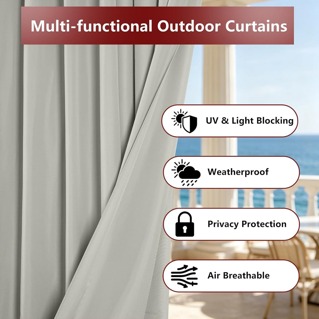 LZY 8 Panels Outdoor Curtains Waterproof - 52x95 Inches Silver Blackout Curtains, Polyester Weatherproof Privacy
