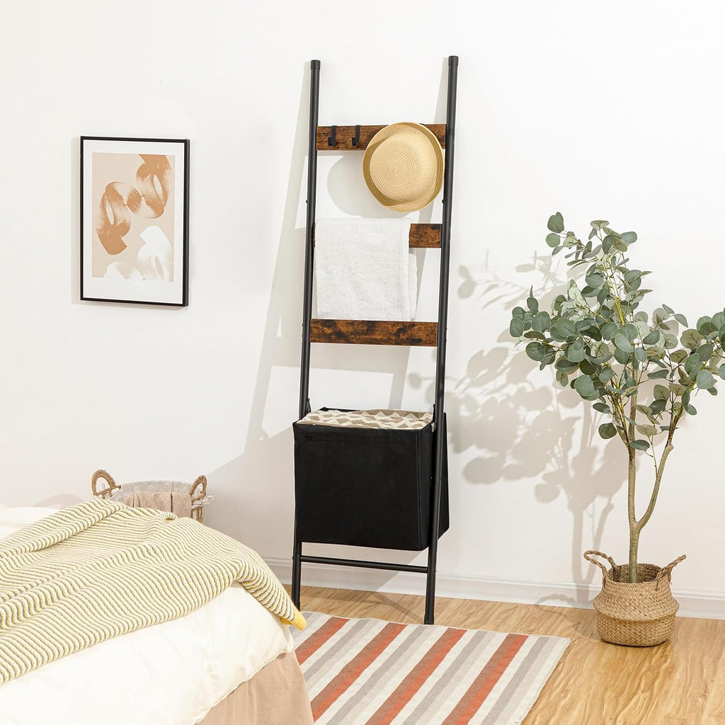 Blanket Ladder with Basket, 17.3"L x 63.4"H, Towel Rack with Hooks, Blanket Holder Rack, Decorative Ladder Shelf