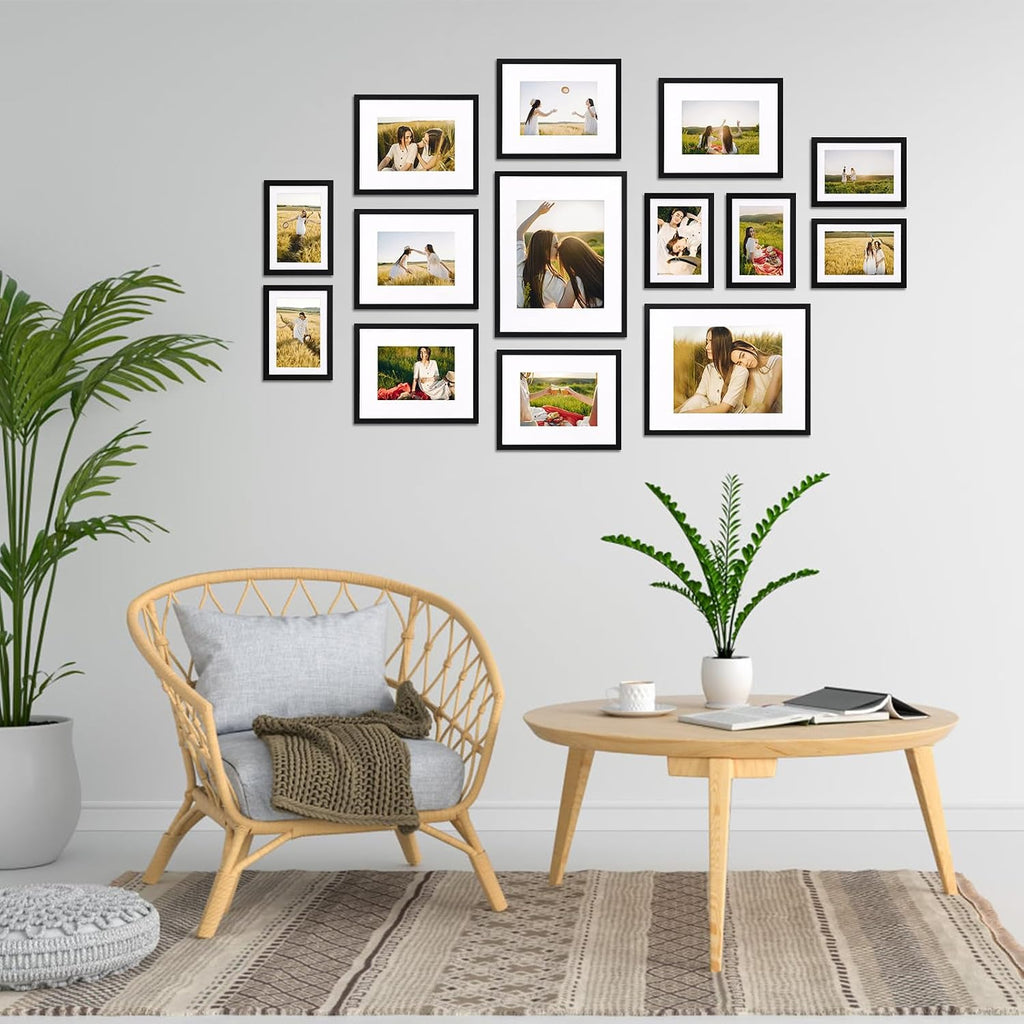 14 Pack Black Picture Frames Set, 2pcs 11x14 Matted for 8x10, 6pcs 8x10 Matted for 5x7, 6pcs 5x7 Matted for 4x6