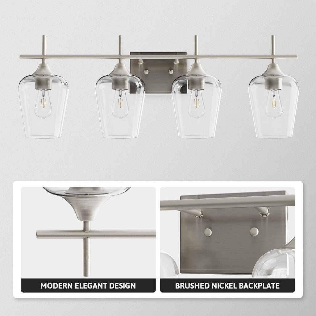 4 Light Bathroom Vanity Light Fixture,Brushed Nickel | Wine Glass Shades, E26 Sockets, Easy to install, Vanity Lights
