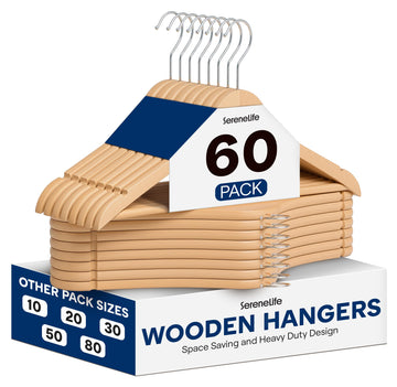 Solid Wooden Hangers, Mega Pack, 60 Pieces Hangers for Clothes, Heavy Duty Suit Hanger Set with Chrome 360 Degree