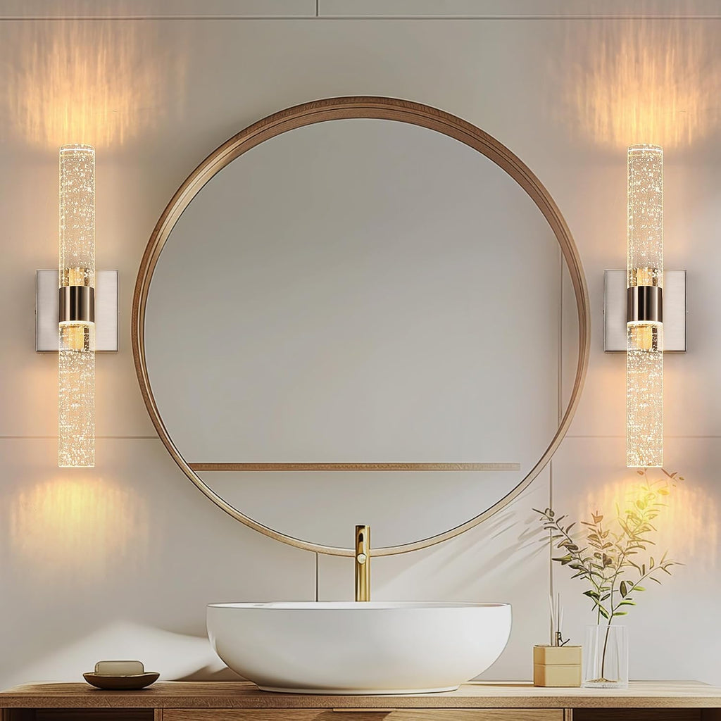 Modern Wall Sconces Set of Two, 3CCT Crystal Bathroom Sconces Wall Light, Brushed Nickel Vanity Light Fixture, Sconce