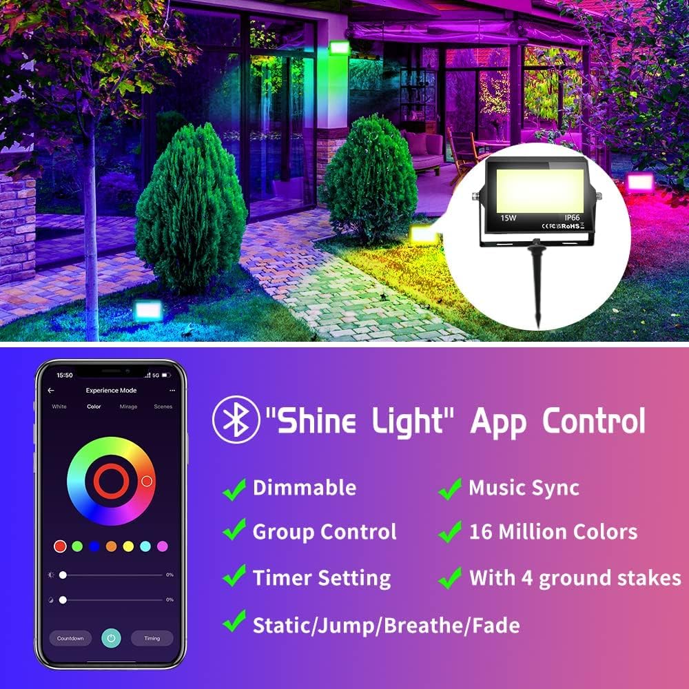 RGB LED Flood Light Outdoor with IP66 Waterproof, 4 Pack Bluetooth APP Control Uplight, 16 Million DIY Color Changing