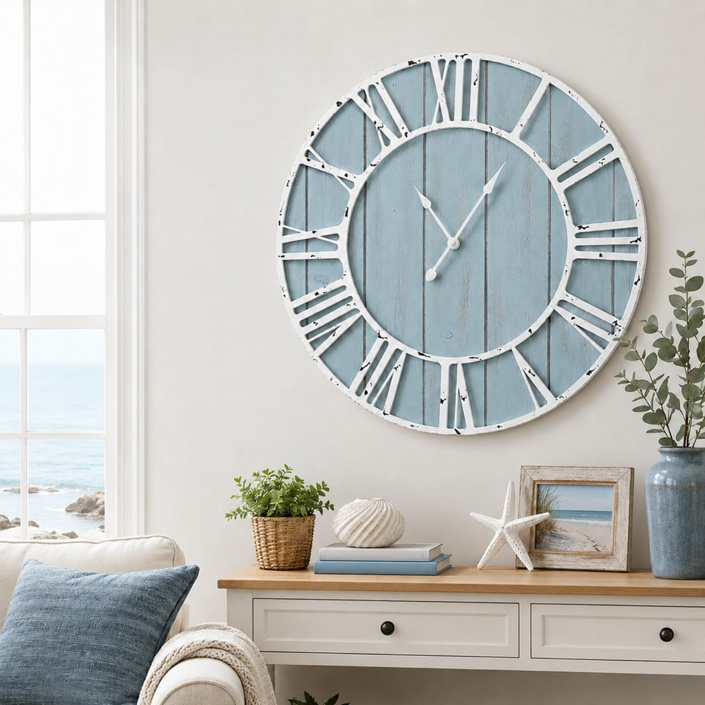 30 Inch Large Coastal Wall Clock, Blue Farmhouse Clock