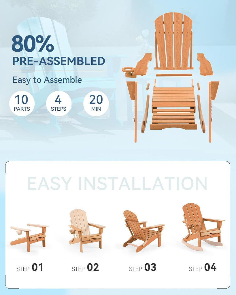 Adjustable Adirondack Rocking Chair with Retractable Ottoman, 4-in-1 Multifunctional Folding Patio Chair with Cup