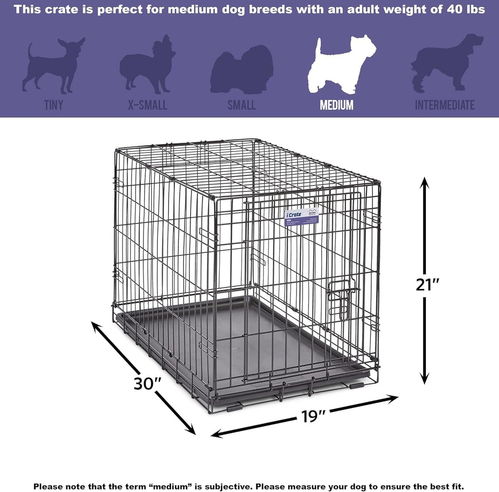 30-Inch iCrate for Medium Breeds, 21-40 lbs, Single Door Folding Dog Crate with Divider Panel