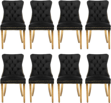 Velvet Upholstered Dining Chairs Set of 8, Modern Style Kitchen Side Chairs with Nailhead Trim and Gold Plated Leg