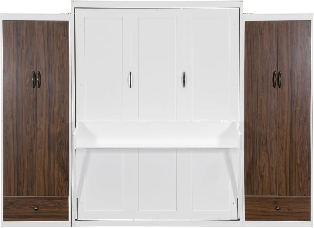Queen Murphy Bed, Wooden Queen Wall Bed with Closet, Drawers and Desk, White