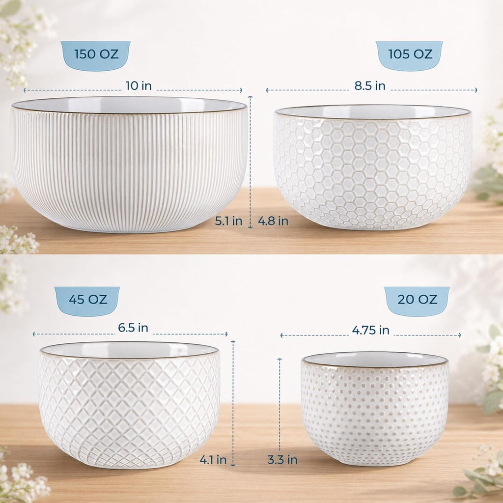 Ceramic Mixing Bowls Set of 4, Stoneware Nesting Serving Bowls | 150/105/45/20 oz For Prep, Baking, Serving, Gift