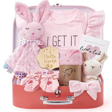 Baby Shower Gifts for Girls, Baby Girl Gifts Baskets with Rattle, Blanket/Bodysuit Set, New Born Essential Stuff