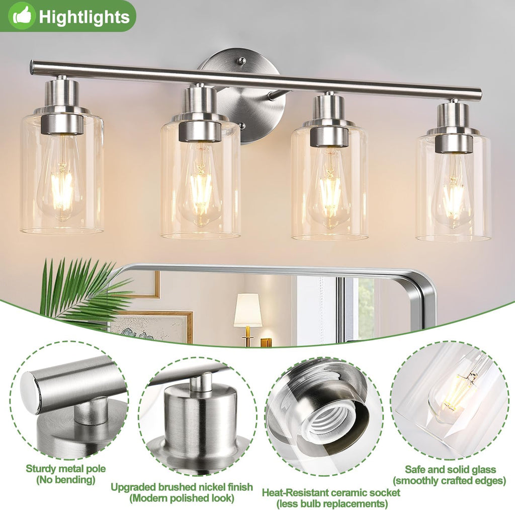 4-Light Bathroom Light Fixtures, Brushed Nickel Modern Vanity Lights Over Mirror with Clear Glass Shade, Bathroom