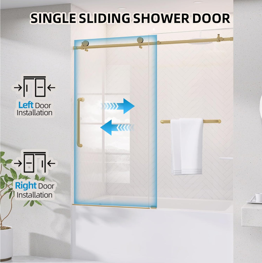 Sliding Tub Shower Door 56-60 in. W x 60 in. H Frameless Bypass Bathtub Shower Doors 1/4 inch Clear Tempered Glass
