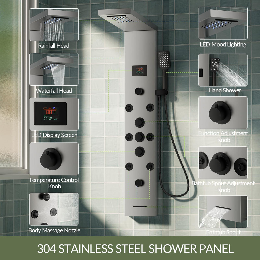 Brushed Nickel Shower Panel Tower System 5 In 1 Rainfall Shower Tower