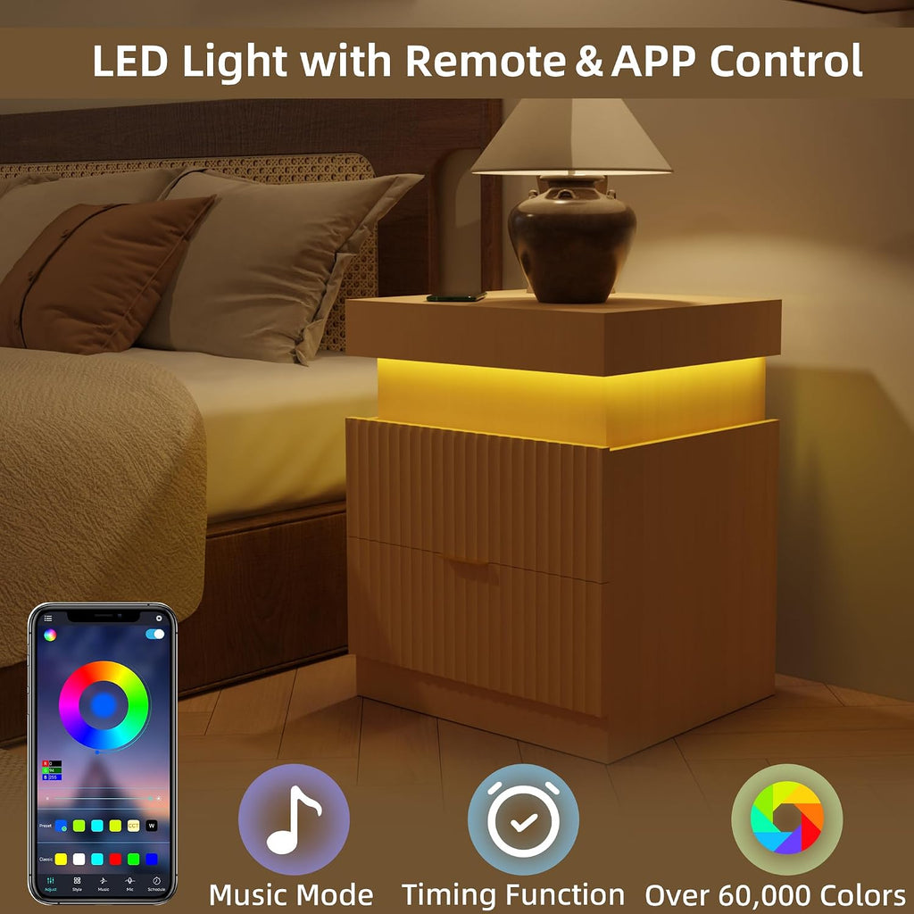 Wooden Nightstand with Charging Station & LED Lights, Modern Fluted Bedside Table with Sliding Top & Drawers