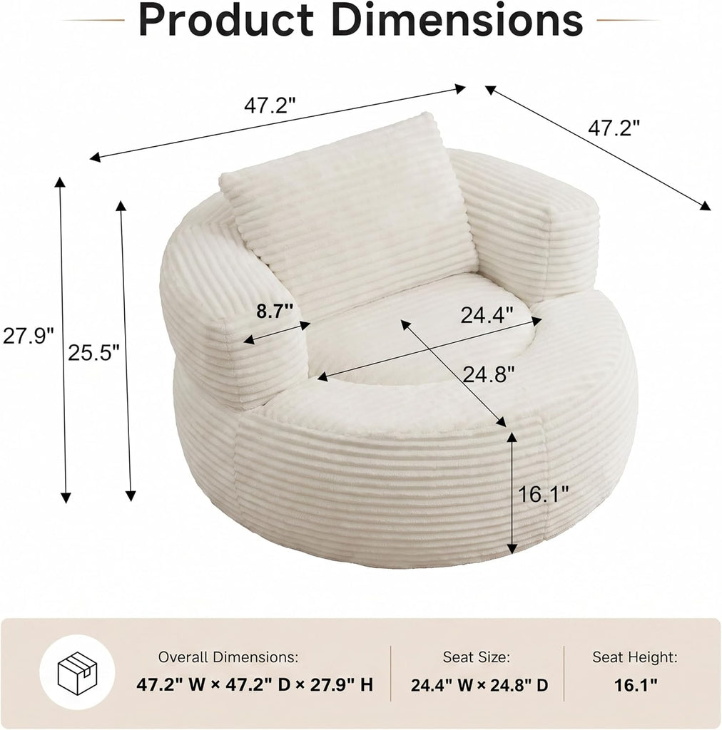 47.2" Round Accent Chair, Barrel Lounge Chair , White | Comfy Oversized Corduroy Upholstery Deep Seat Single Cuddle