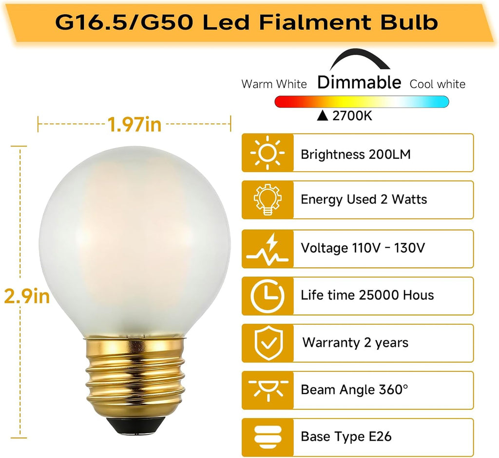 G16.5 E26 Dimmable LED Filament Globe Bulb, 2W/25W Equivalent 2700K Warm White Frosted Glass, Ideal for Decorative - Set of 6