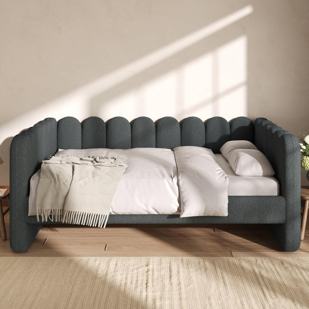 Queen Size Upholstered Daybed with Backrest and Armrests, Gray | Day Bed with Slat, Lambswool Fabric, Easy Assembly