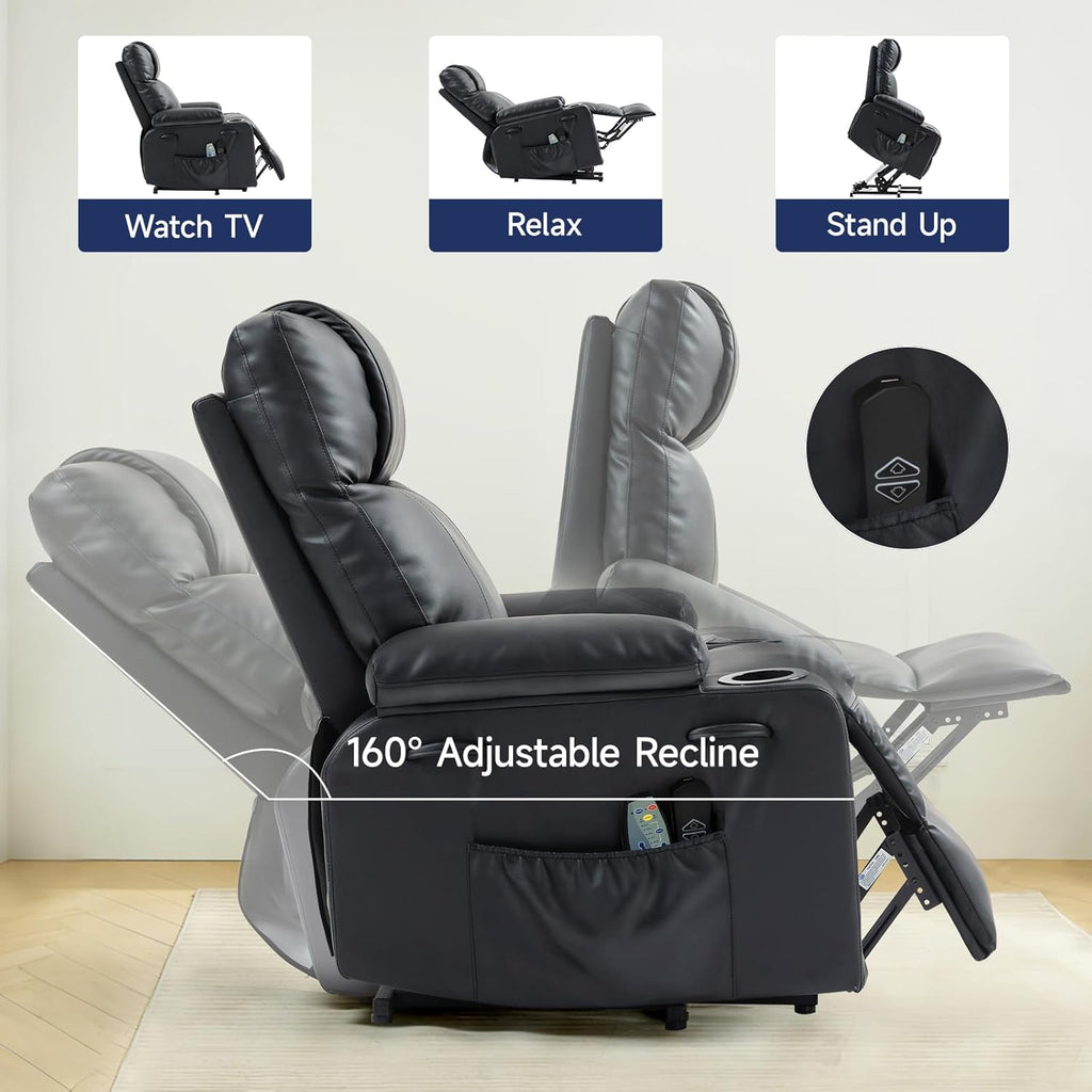 Power Lift Recliner Chair for Elderly with Massage & Heat, PU Leather Electric Recliner with USB Charge Port, 160°