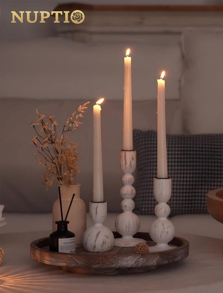 Taper Candle Holders Decor: Set of 3 Wooden Candlestick Holders Mantel Decor - Boho Farmhouse Rustic White